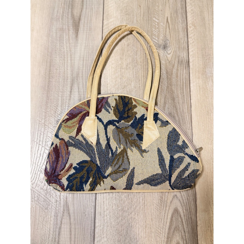 Vintage Tapestry Floral Handbag Domed Satchel Woven Blue Burgundy Tan Retro Bag